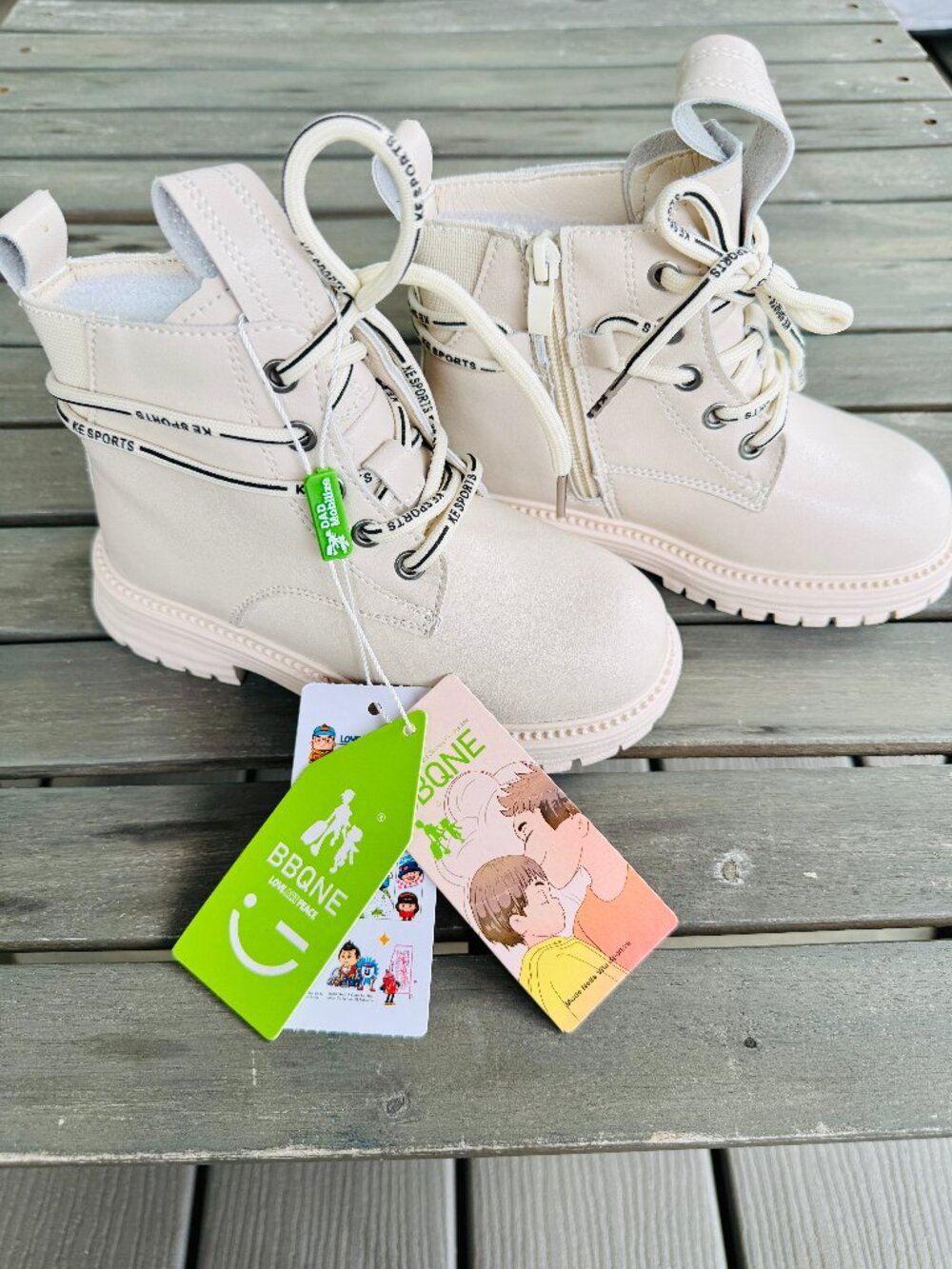 BBQNE Kids "KE SPORTS" Combat Ankle Boots in a clean ivory/beige colourway NWT